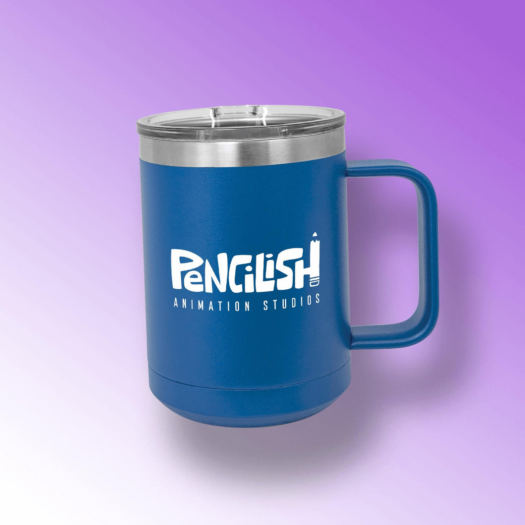 Pencilish- Laser Engraved- 15 oz. Royal Blue Vacuum Insulated Mug with Handle and Slider Lid