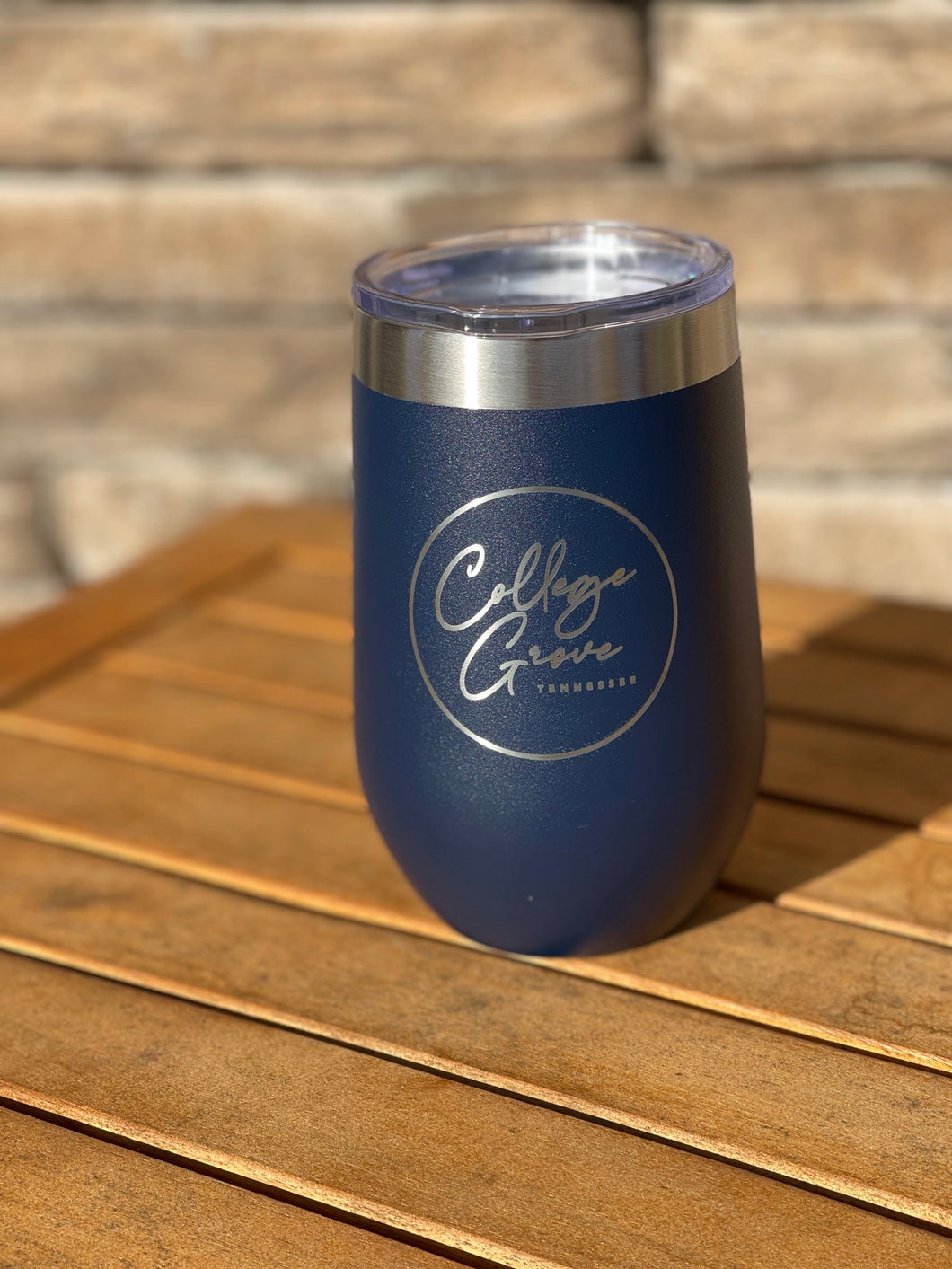 WHOLESALE- min (12) ...16 oz. Navy Blue Wine Tumbler w/Lid #4 Logo College Grove w/circle