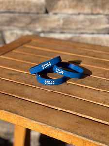 WHOLESALE- min (25) ...3 3/4" x 7/16" Blue/White Bracelets # 3 Logo College Grove Zip Code